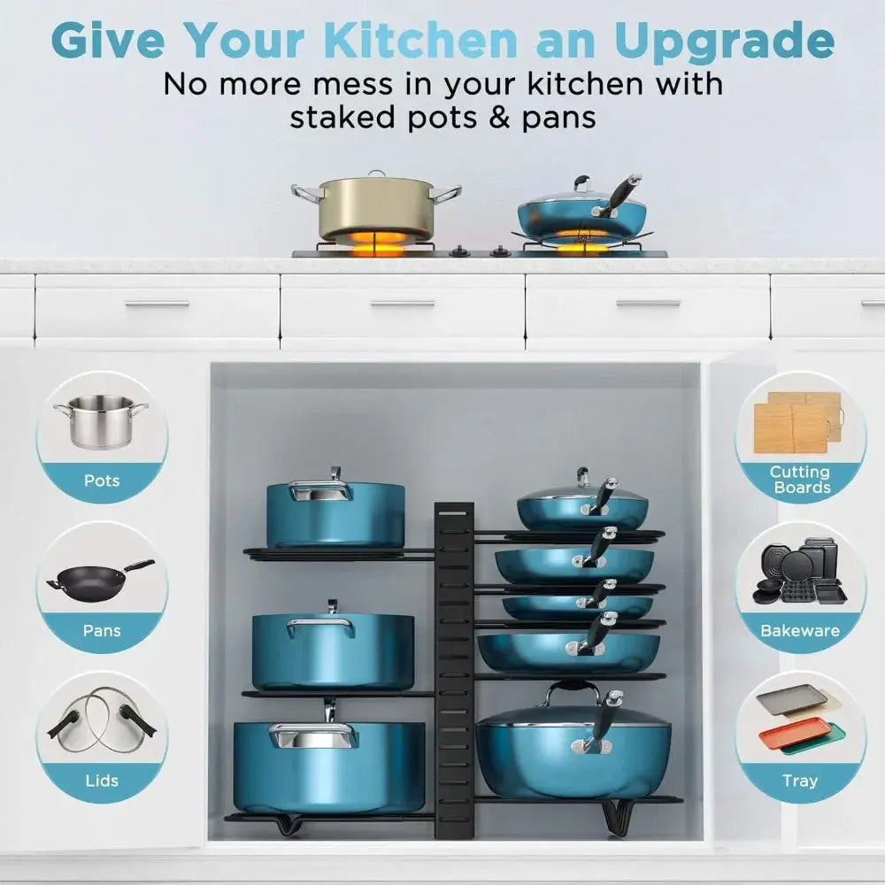 Pot Rack Organizer | Adjustable 8 Tier | Rust Resistant | Black Metal