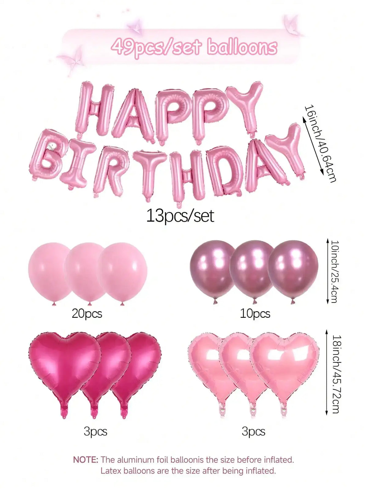 Pink Birthday Balloon Set | 49 Piece | 16 Inch | Heart And Round Shapes