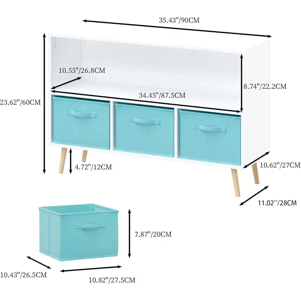 Collapsible 3-Tier Fabric Bookshelf for Kids, Multi-Cubby Wooden Storage Organizer, Playroom Display Rack in White/Blue from PriceLows™
