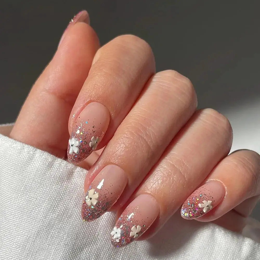 Short Almond Press On Nails | Pink Floral French | Reusable Full Cover | 24 Pcs