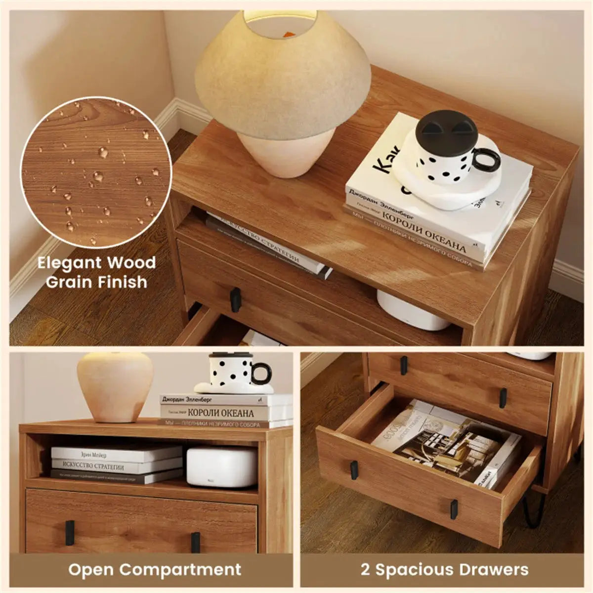 3-in-1 Bedroom Nightstand, Practical Side Table with 2 Drawers & Iron Legs from PriceLows™
