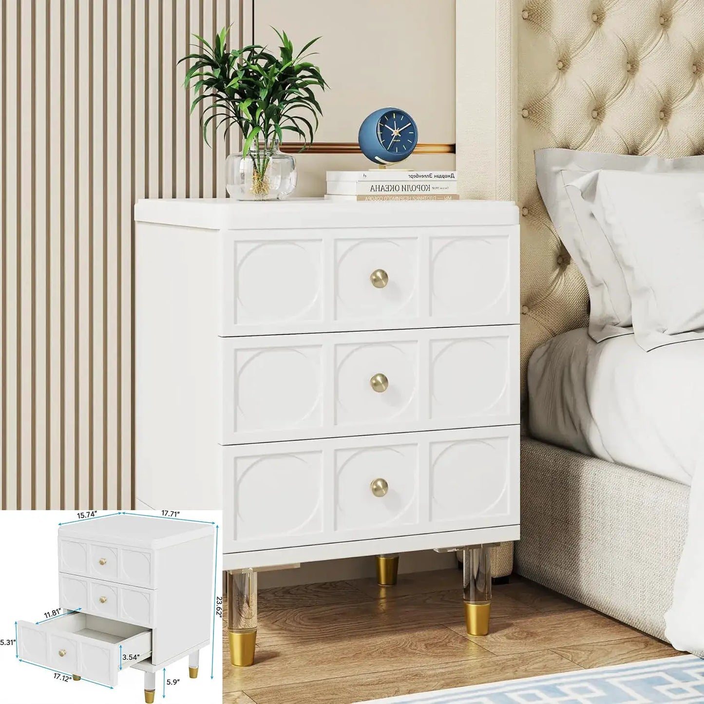 Nightstand with 2 Drawers, Modern Nightstand with Open Storage Shelf, White Bed Side Table for Bedroom, Living Room from PriceLows™