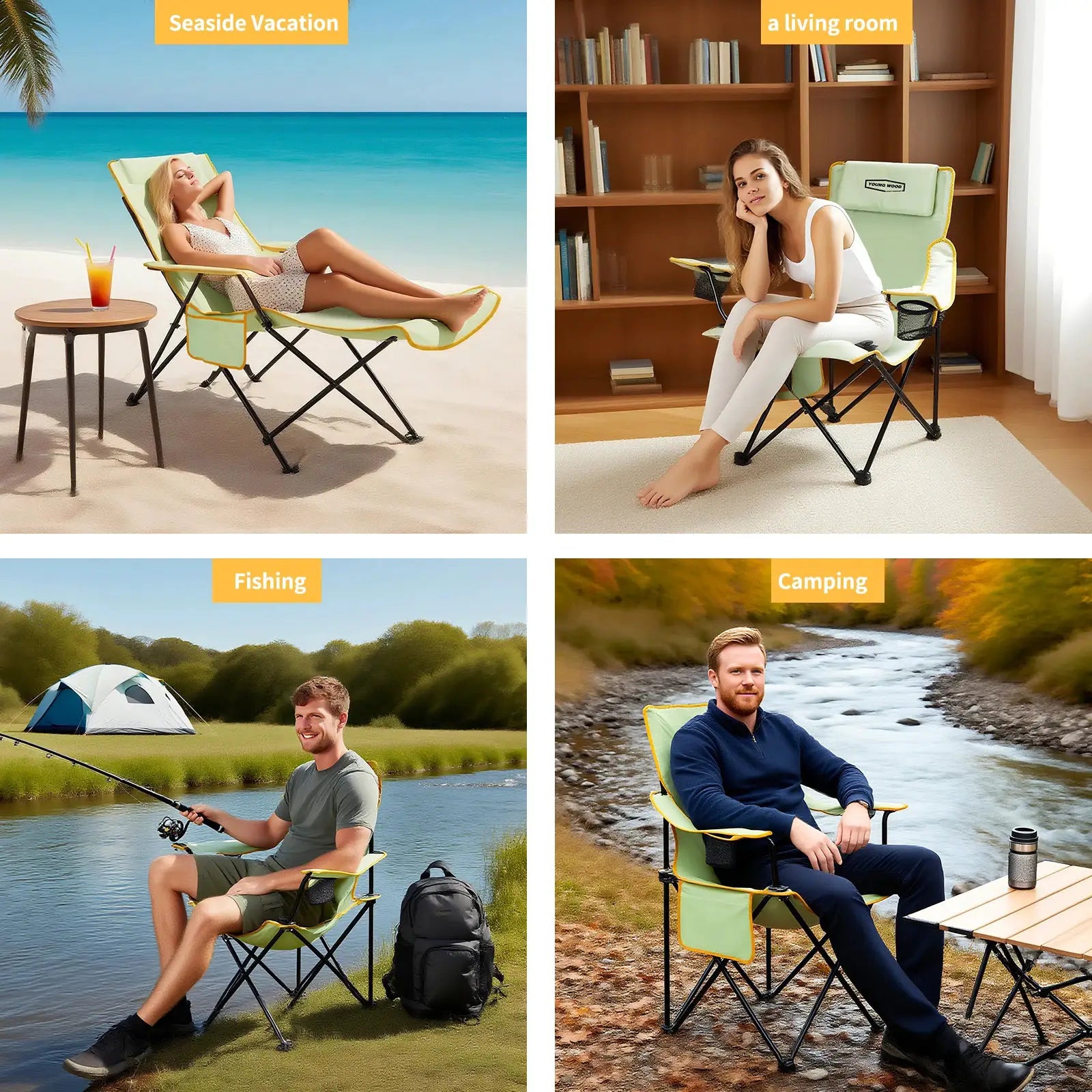YOUNG WOOD 2-in-1 Reclining Camping Chair with Footrest, Foldable Outdoor Lounge Chair with Cup Holder & Headrest, Portable from PriceLows™