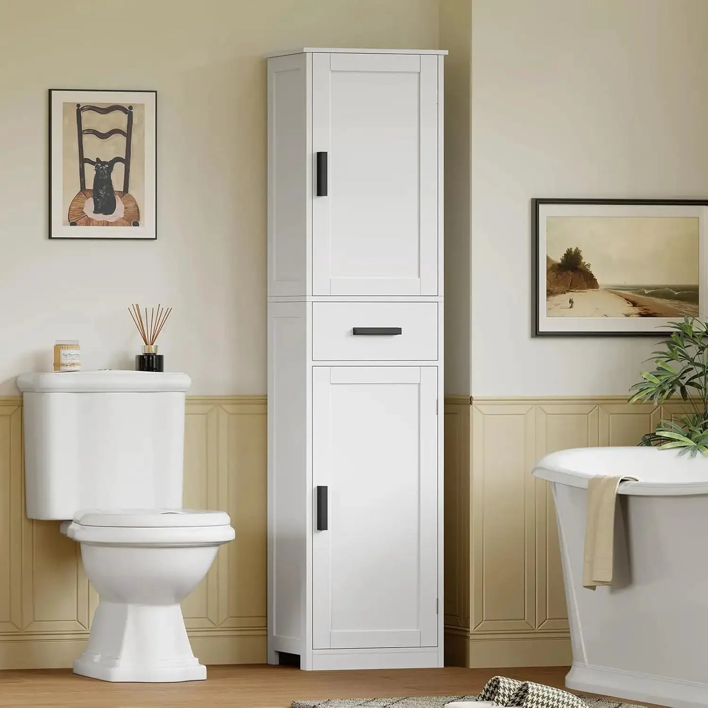 67'' Tall Bathroom Storage Cabinet with 4 Shelves & 2 Doors, Narrow Space-Saving Organizer for Bathroom, Living Room, Home Office, White from PriceLows™