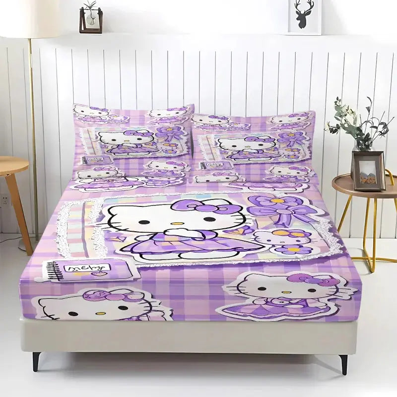 3Pcs Hello Kitty Fitted Sheet Set Purple Glitter Print with Pillowcases Cute Cartoon Fitted Sheet Set for Girls Bedroom Decor from PriceLows™