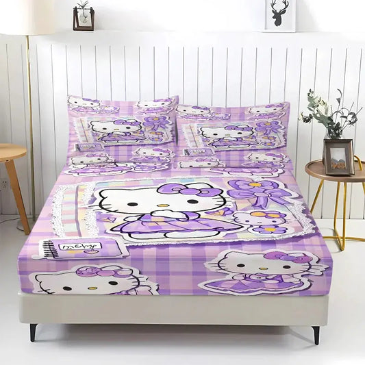 3Pcs Hello Kitty Fitted Sheet Set Purple Glitter Print with Pillowcases Cute Cartoon Fitted Sheet Set for Girls Bedroom Decor from PriceLows™