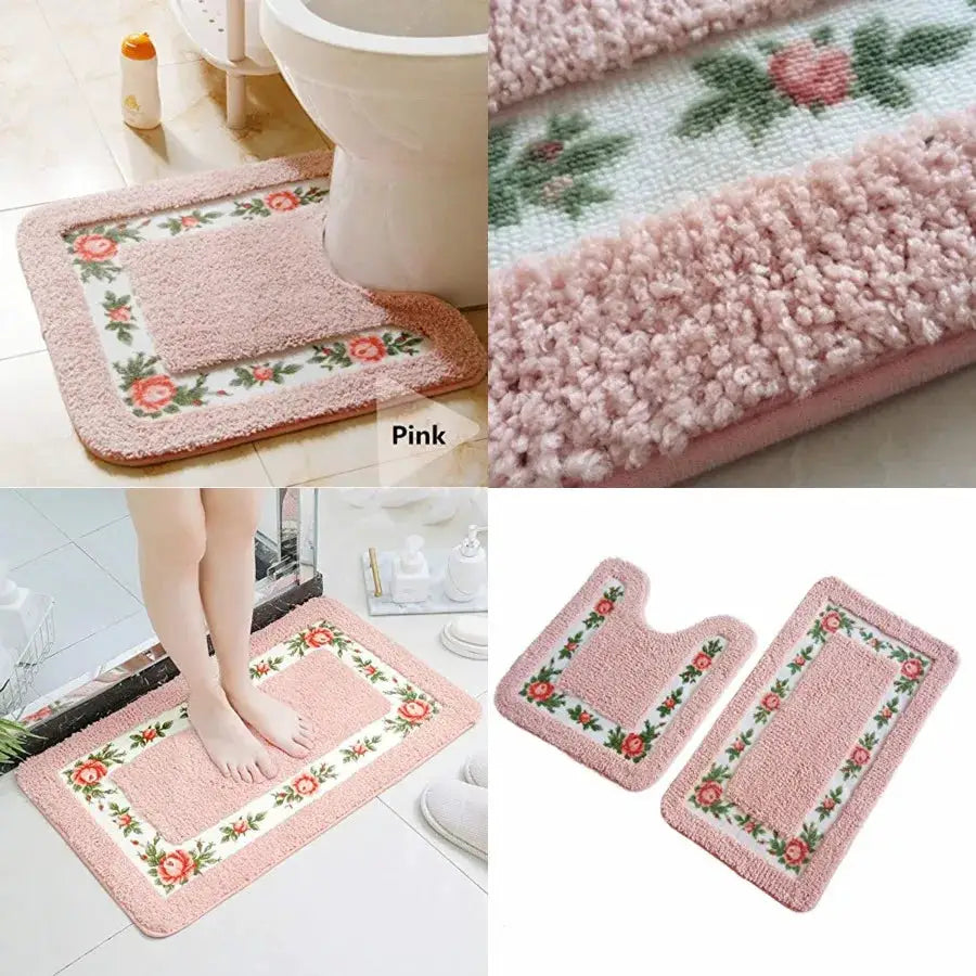 Non-Skid Floral Rose Bathroom Contour Rugs, Set of 2 Soft Shaggy Non Slip Bath Shower Mat and U-Shaped Toilet Floor Rugs from PriceLows™