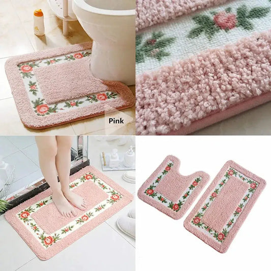 Non-Skid Floral Rose Bathroom Contour Rugs, Set of 2 Soft Shaggy Non Slip Bath Shower Mat and U-Shaped Toilet Floor Rugs from PriceLows™