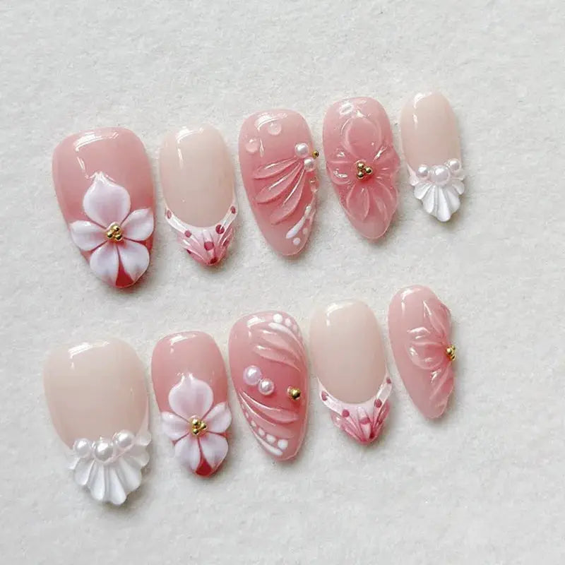Almond Press On Nails | Acrylic Finish | Pearl Flower Design | 24 Piece Set