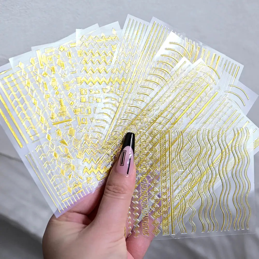12Sheets Gold Metal Stripe Wave Nail Decals 3D Bronzing French Line/C Curve Stripe Nail Stickers 8*10cm Gold Line Nail Art Suppl from PriceLows™