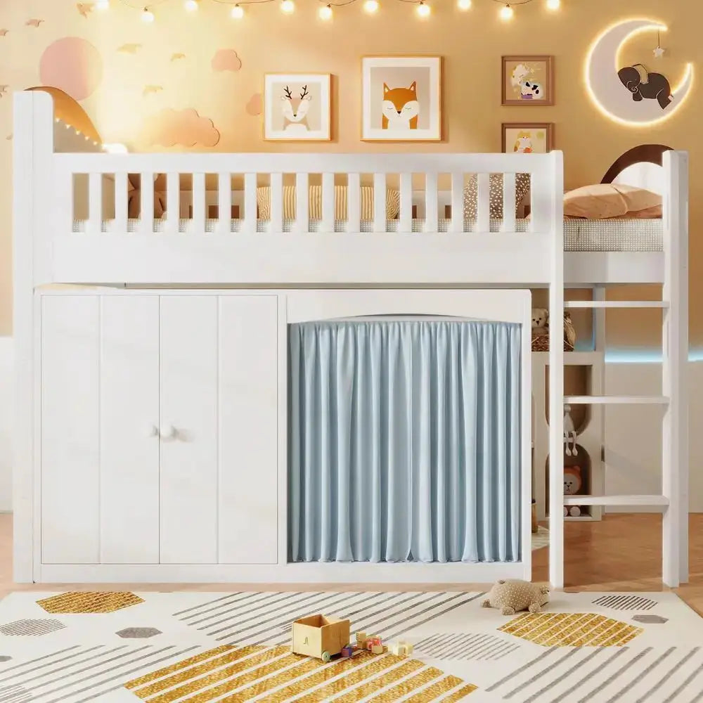 Twin Size Kids Uvellamo Loft Bed with LED Lights, Storage Cabinet, and Wardrobe, Suitable for Boys or Girls, White from PriceLows™