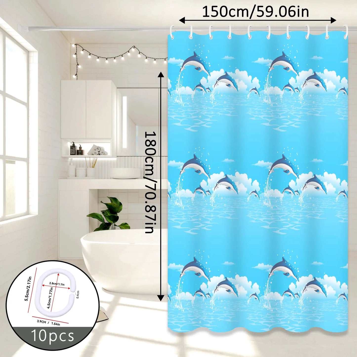 Dolphin Print Cartoon Shower Curtain, Ocean-Themed Bathroom Curtain, Cute Bathroom Curtain for Parent-Child Room from PriceLows™