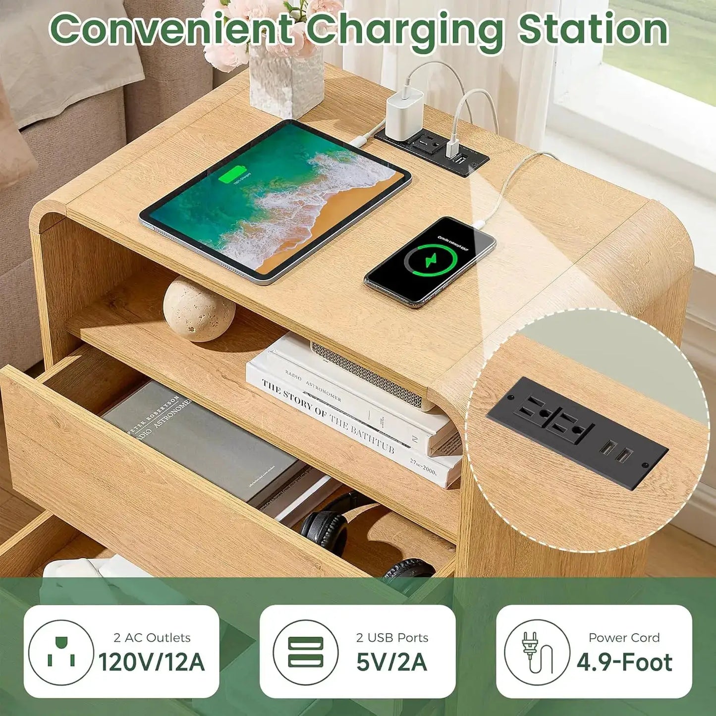 Curved Night Stand Set of 2, 23.2" Large Wood Farmhouse Nightstand with Charging Station & 2 Storage Drawers Bedside Table, Modern End Table for Bedroom, Living Room, Natural from PriceLows™