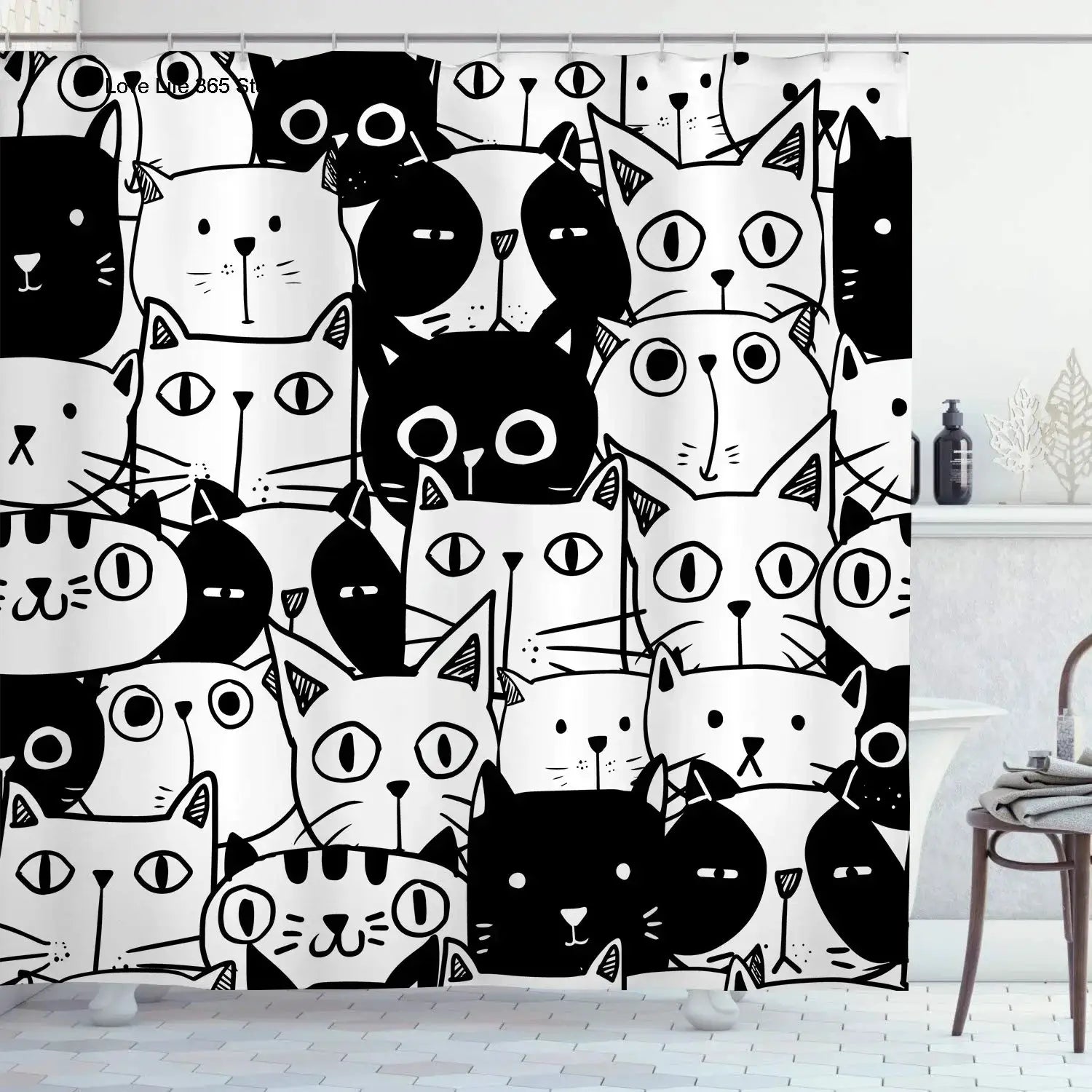 Cute Cat Pattern Shower Curtain - Fun Cartoon Design for Playful Bathroom Décor, Waterproof, Easy Care & Soft Fabric from PriceLows™