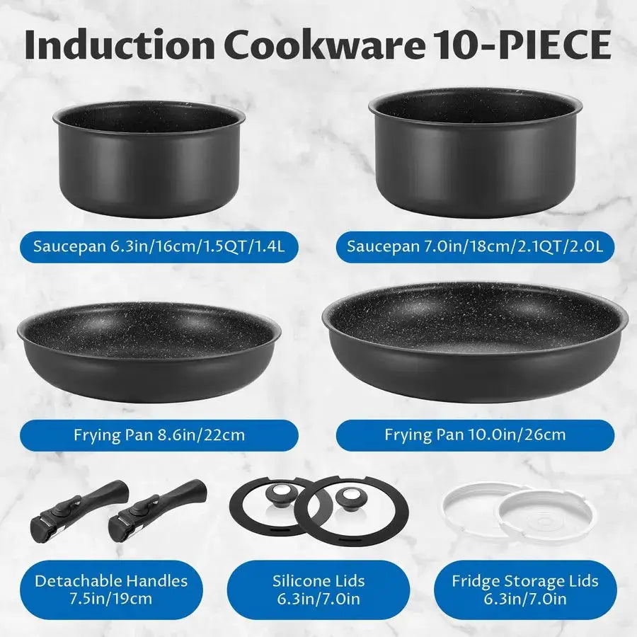 Induction Cookware Set 10 Pieces, Nonstick Pots and Pans Set with Removable Handles, for All Hobs, Stackable Design, Dishwasher from PriceLows™
