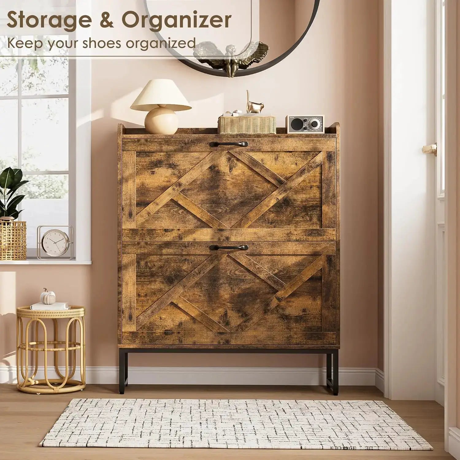 Shoe Cabinet Organizer with 2 Flip Drawers, Narrow Storage Rack with Metal Legs, Slim Entryway Furniture, Rustic Brown from PriceLows™