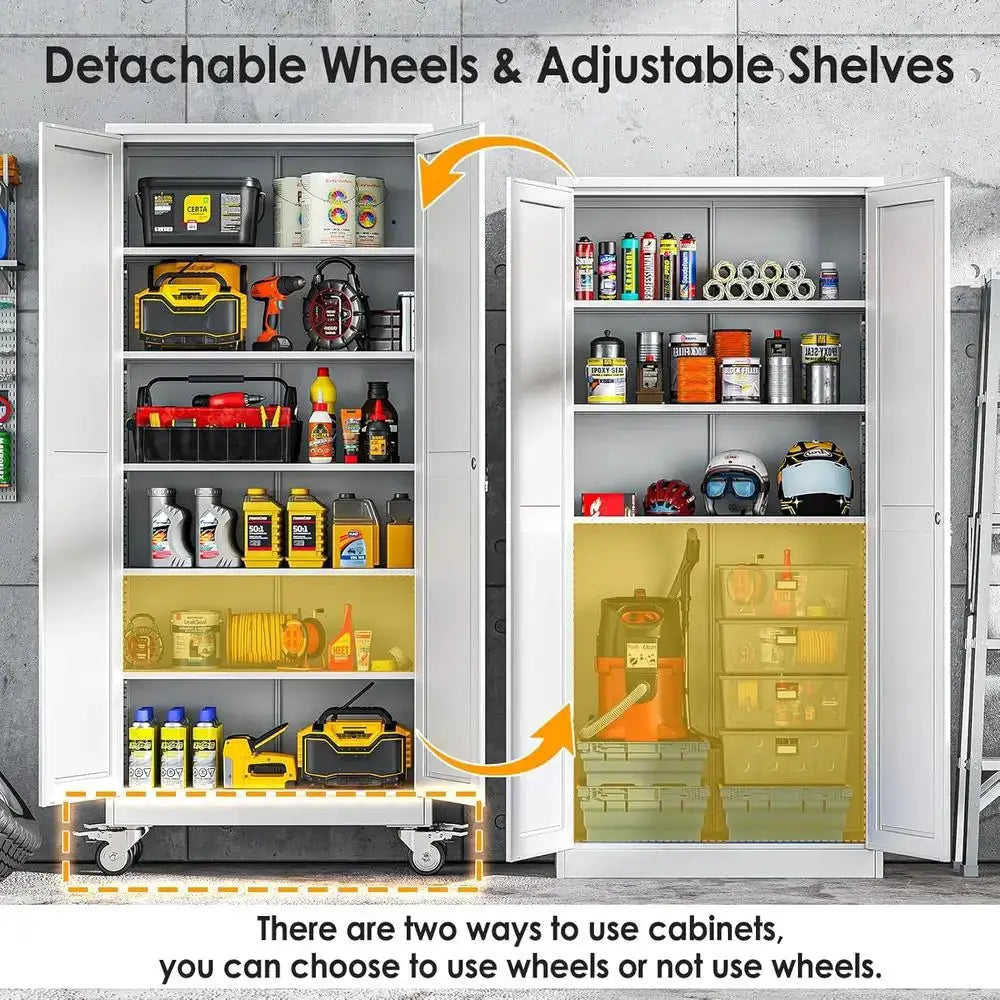 75 High Metal Storage Cabinet with Wheels, 2 Doors & 5 Shelves, White, Ideal for Home, Office, Warehouse from PriceLows™