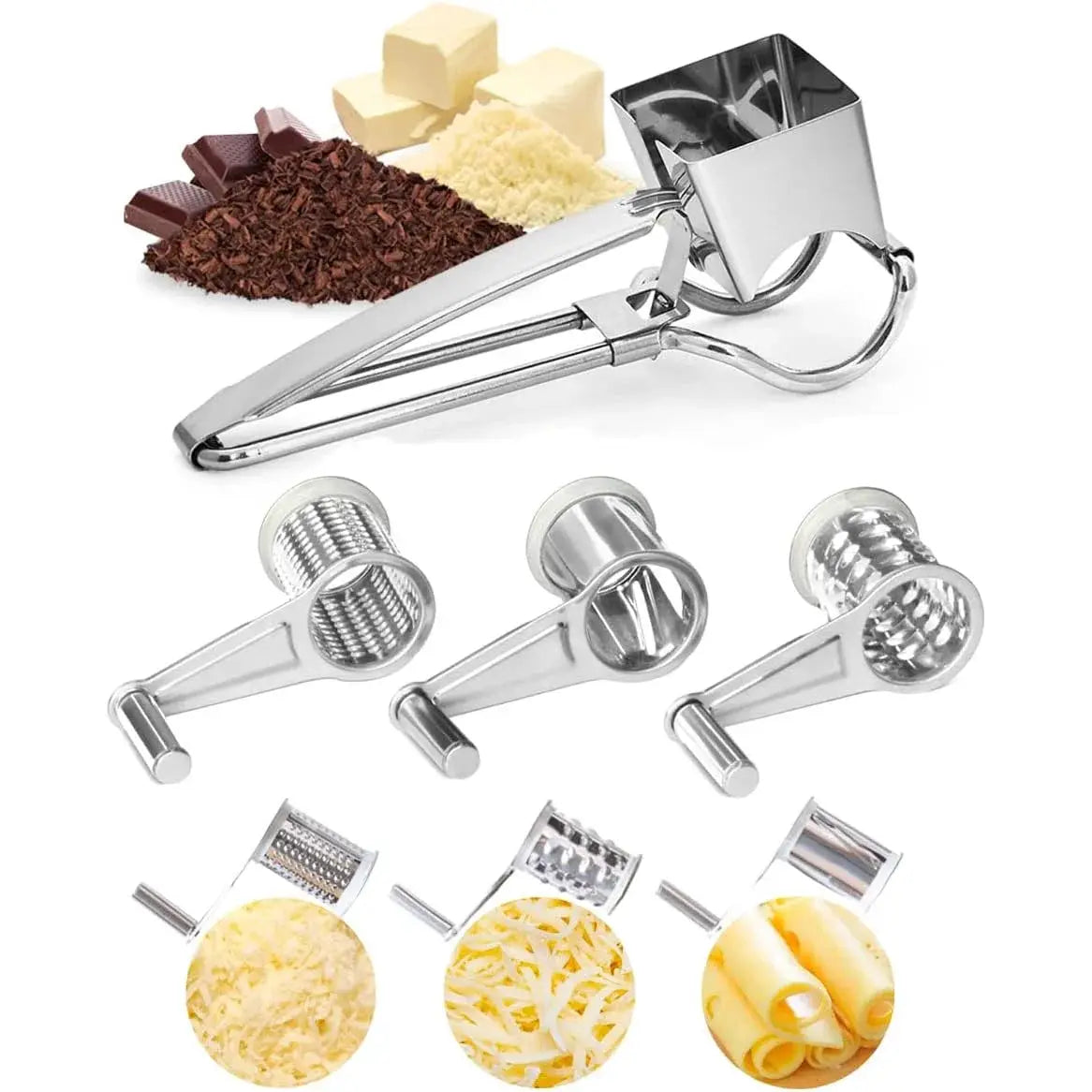 Cheese Grater | Stainless Steel | Crank Rotary Blades | Compact