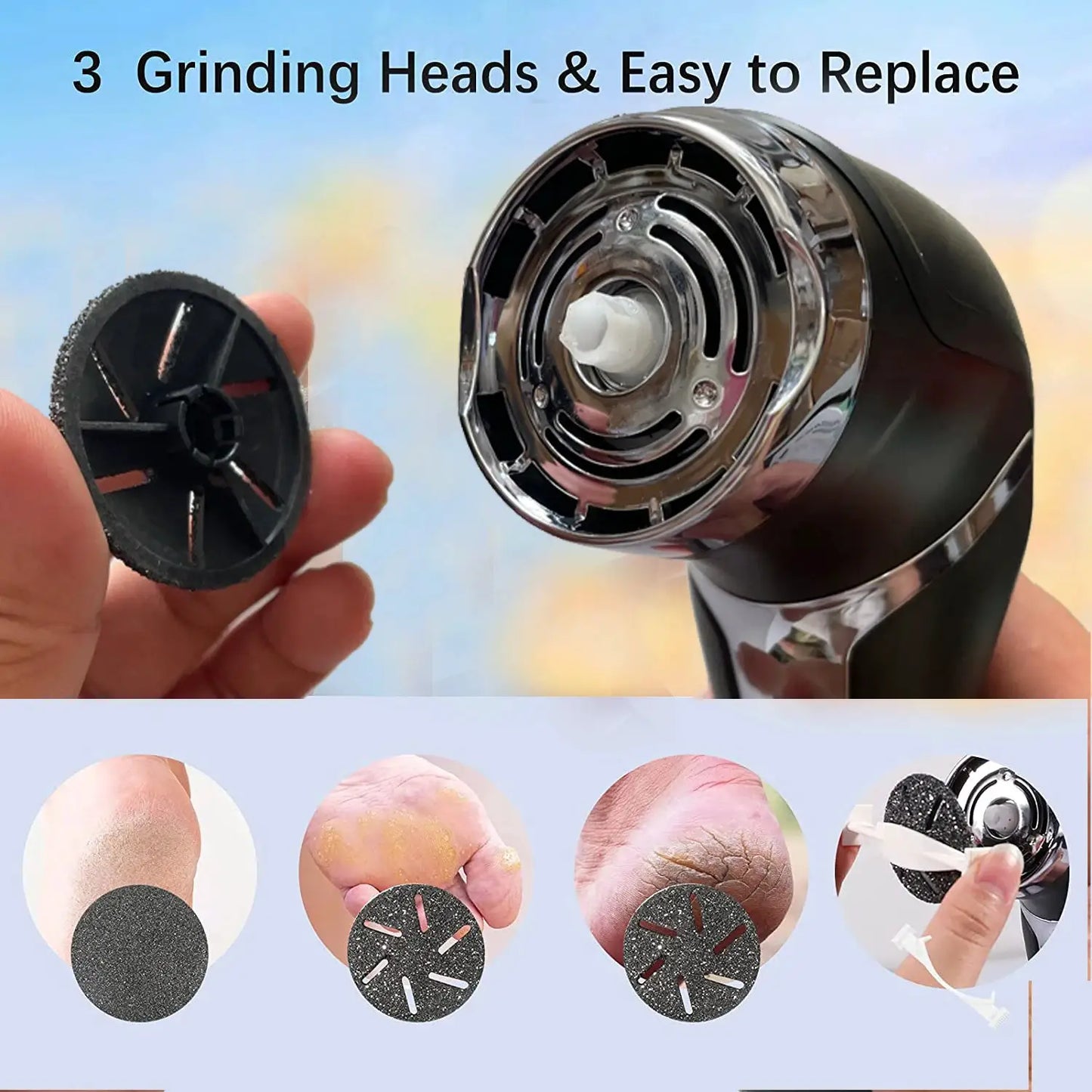 Rechargeable Electric Foot Rasp Electric Pedicure Foot Sander IPX7 Waterproof 3 Grinding Heads to Eliminate Feet Dead Skin from PriceLows™