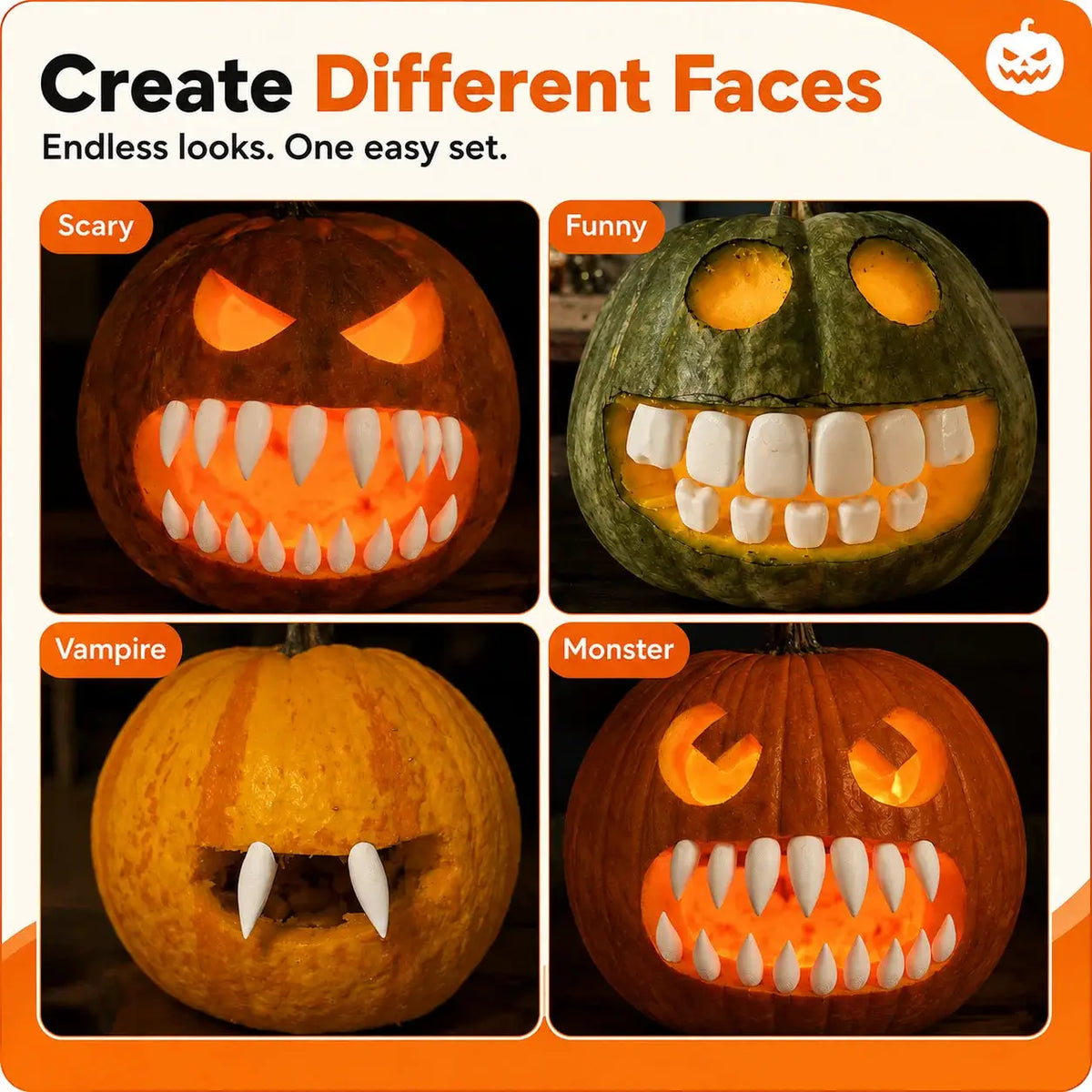 3D Printed Pumpkin Teeth | Plastic | Halloween Fangs | Set