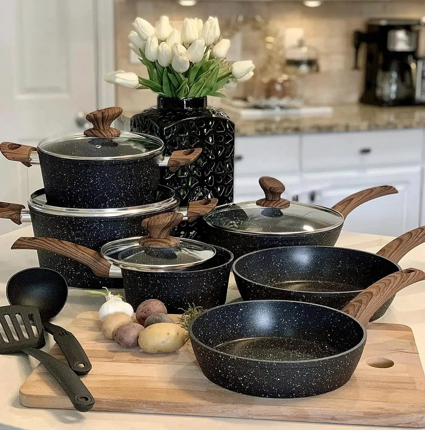 12 Piece Kitchen Academy Induction Cookware Set, Granite Black Nonstick Pots and Pans from PriceLows™