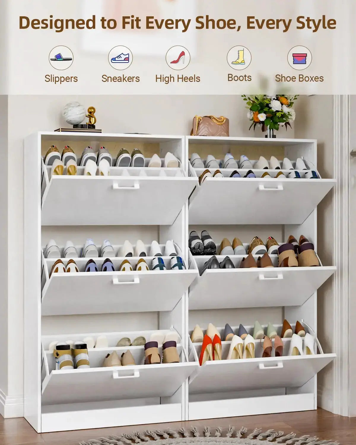 Shoe Cabinet with 2 or 3 Flip Drawers, Hidden Slim Freestanding Shoe Storage Cabinet, Narrow Freestanding Shoe Organizer from PriceLows™
