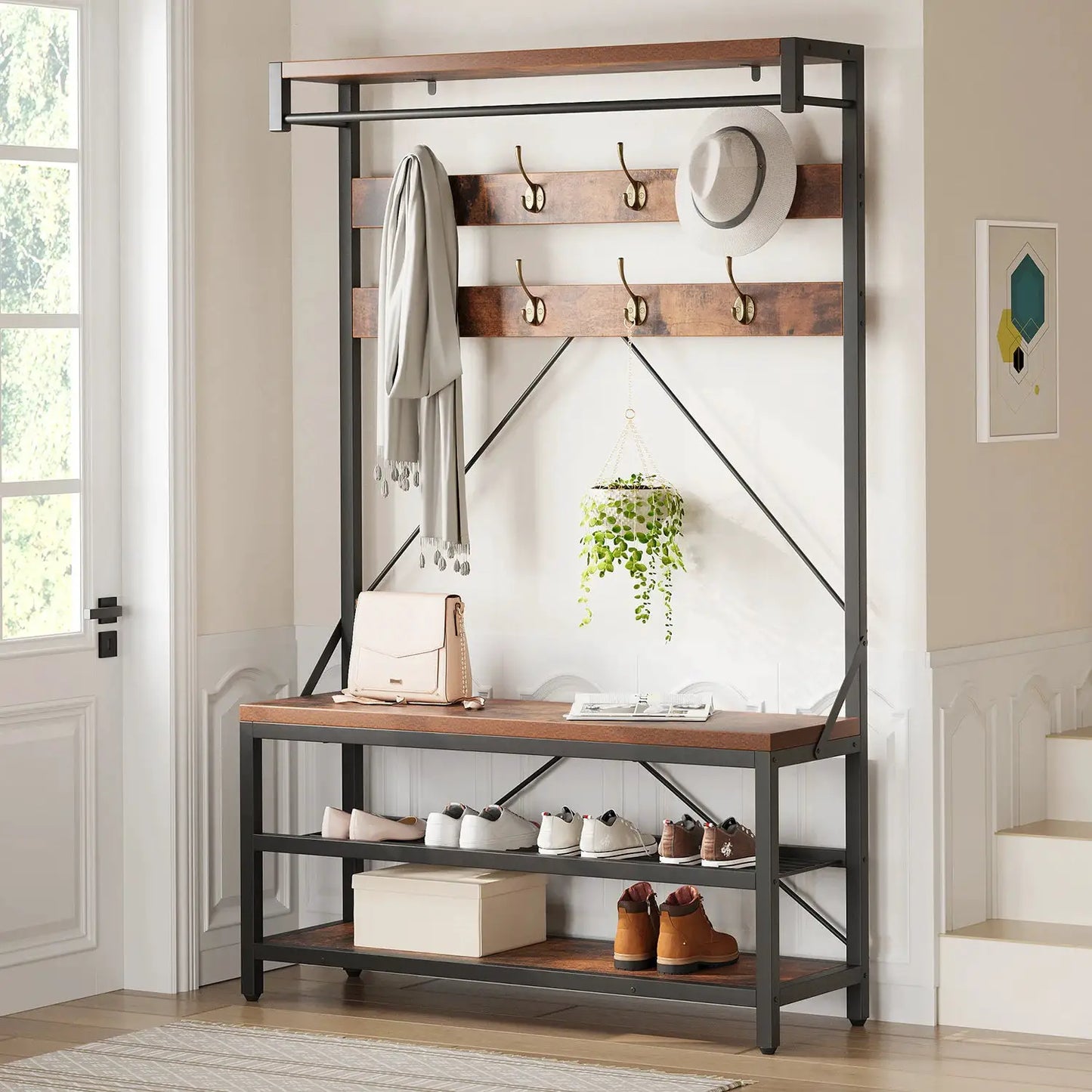72Inch Tall Coat Rack 5-in-1 Shoe Rack Shoe Bench with Storage shelves 8 Hooks Industrial Accent Furniture Hallway Organizer from PriceLows™