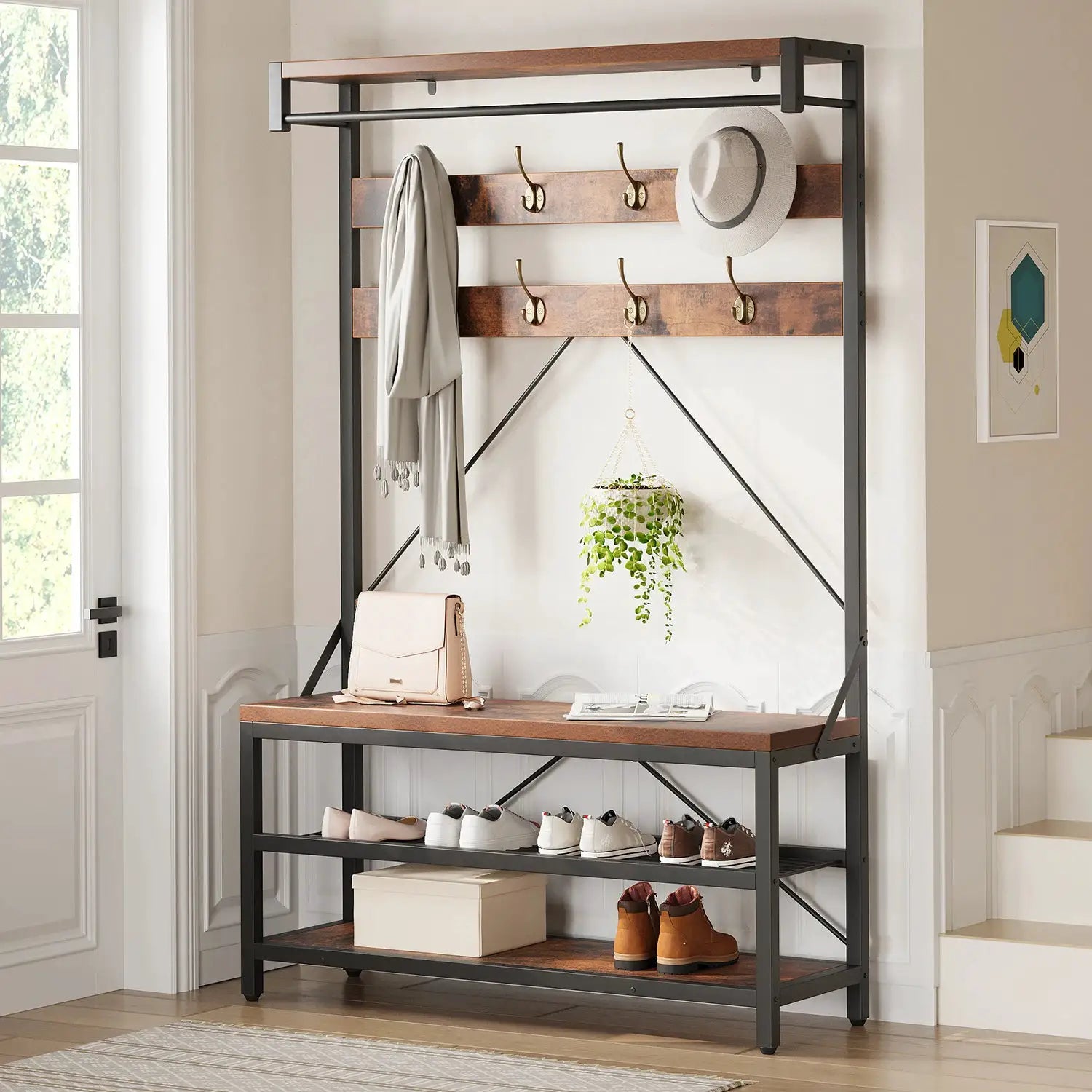 72Inch Tall Coat Rack 5-in-1 Shoe Rack Shoe Bench with Storage shelves 8 Hooks Industrial Accent Furniture Hallway Organizer from PriceLows™