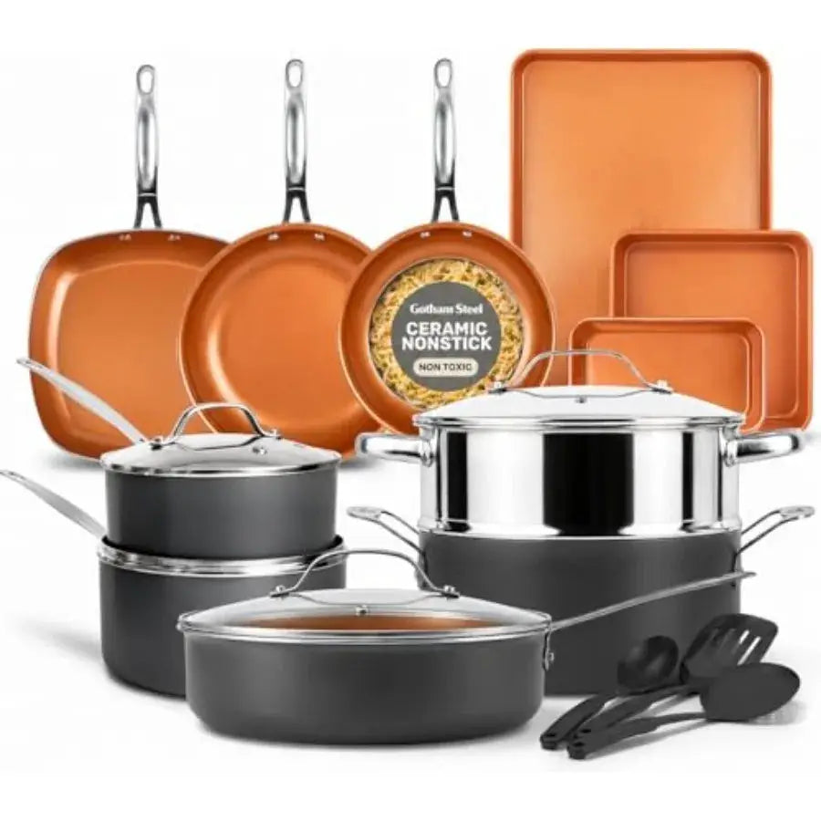 20 Pc Ceramic Cookware Set, Copper Pots and Pans Set Non Stick with Bakeware, Cooking Utensils, and Steamer, Oven and Dishwashe from PriceLows™