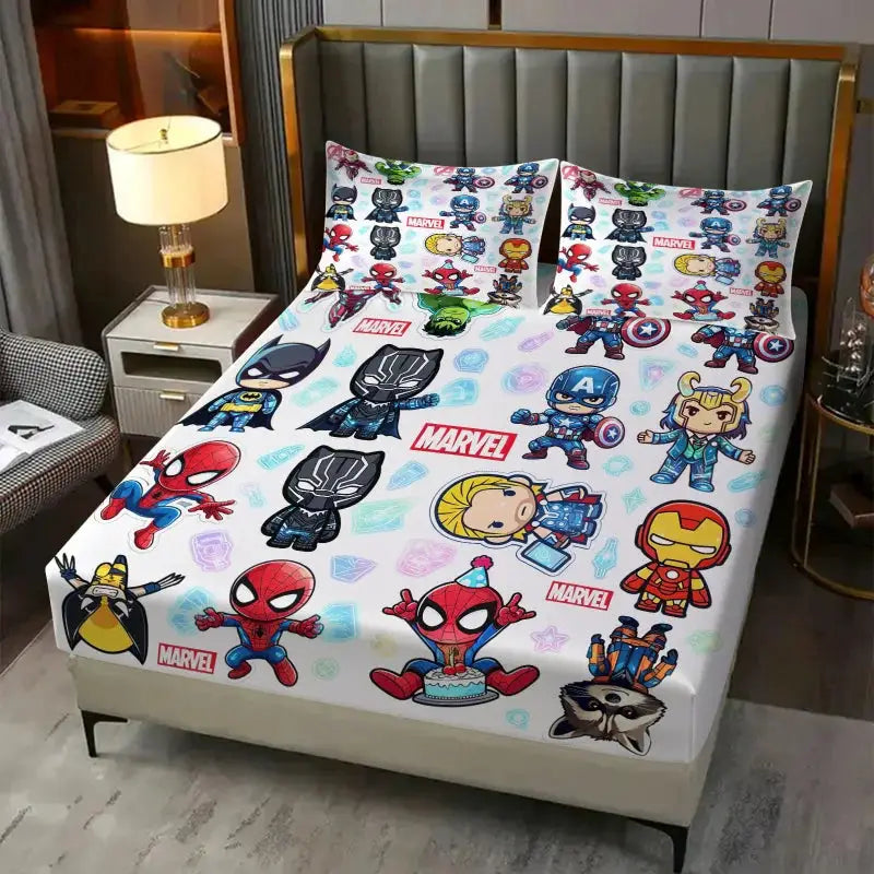 Marvel & DC Cartoon Fitted Sheet Set Chibi Superhero Bed Linen with Pillowcases Deep Pocket Gaming Room Fan Room Kids Room Decor from PriceLows™
