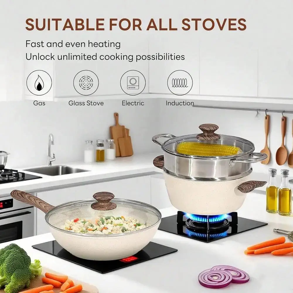 17 Pcs Pots And Pans, Kitchen Cooking Set With StayCool Handles,Kitchen Induction Cookware Suit With Detachable Handle, Beige from PriceLows™