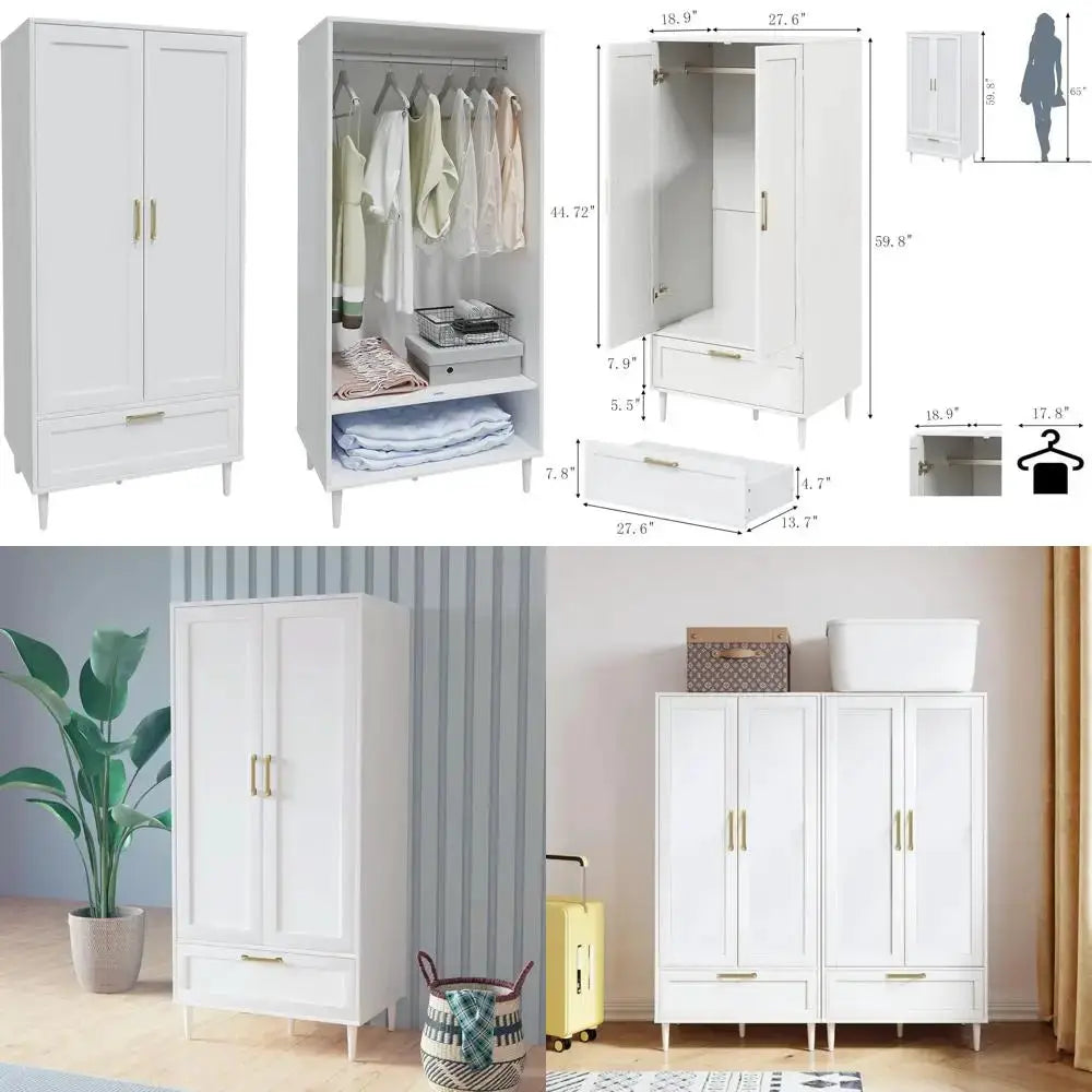 60 Modern 2-Door White Bedroom Wardrobe with Hanging Rod and Storage Cabinet from PriceLows™