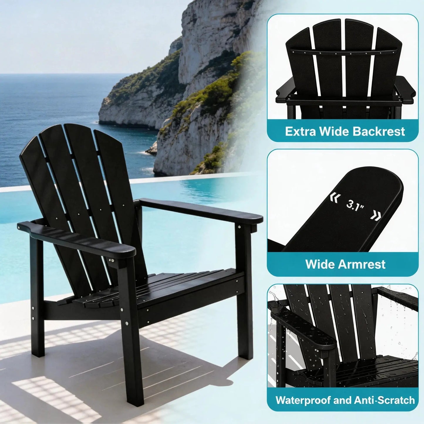FOOWIN 4pcs Stackable Adirondack Chair All Weather HDPE Plastic Outdoor Patio Garden Fire Pit Lawn Heavy Duty Black from PriceLows™