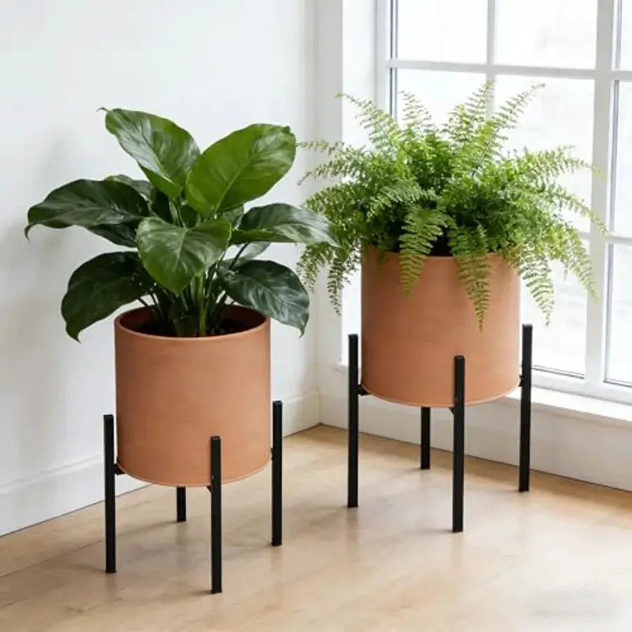 Modern plant pots set of 2 large metal planters with stand for living room office garden or balcony, terracotta color, drainage from PriceLows™