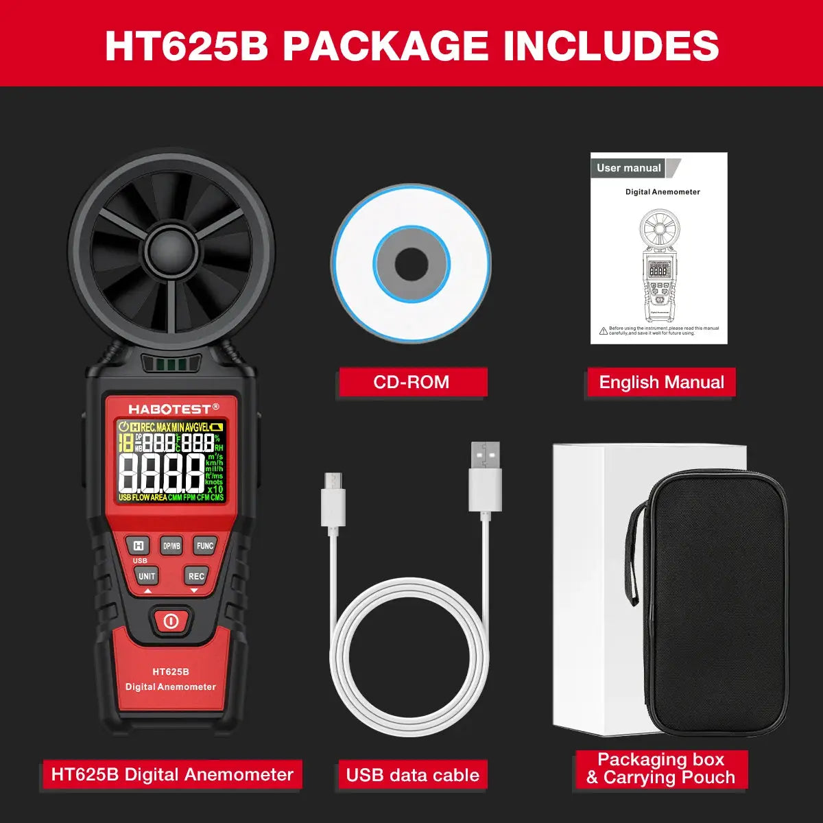 HABOTEST HT625 Anemometer Portable Wind Speed Meter Air Velocity Gauge Windmeter Digital Handheld Anemometer LCD Display from PriceLows™