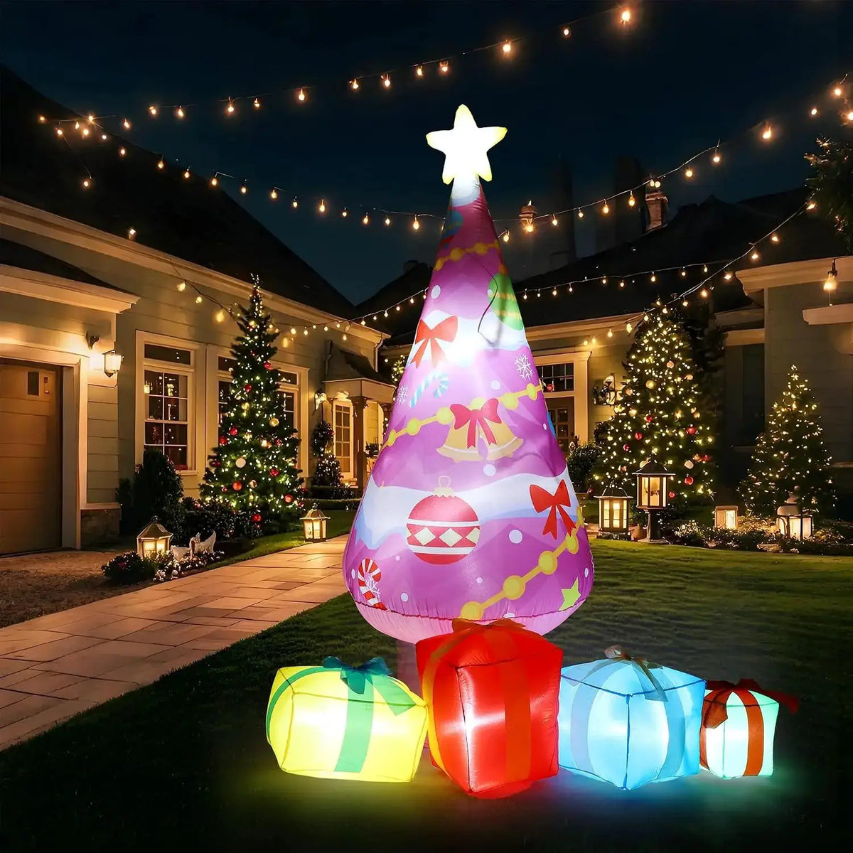 Christmas Tree Inflatables | 7Ft Pink | LED Lights | 4 Gift Box Decor