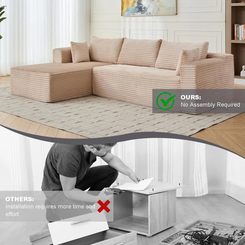 Sectional Sofa | L Shaped With Chaise | Beige Corduroy Fabric | Width Over 240cm