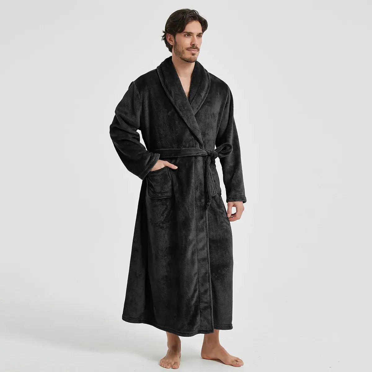 Men Bathrobe | Polyester Knit | Turn Down Collar | Winter Homewear