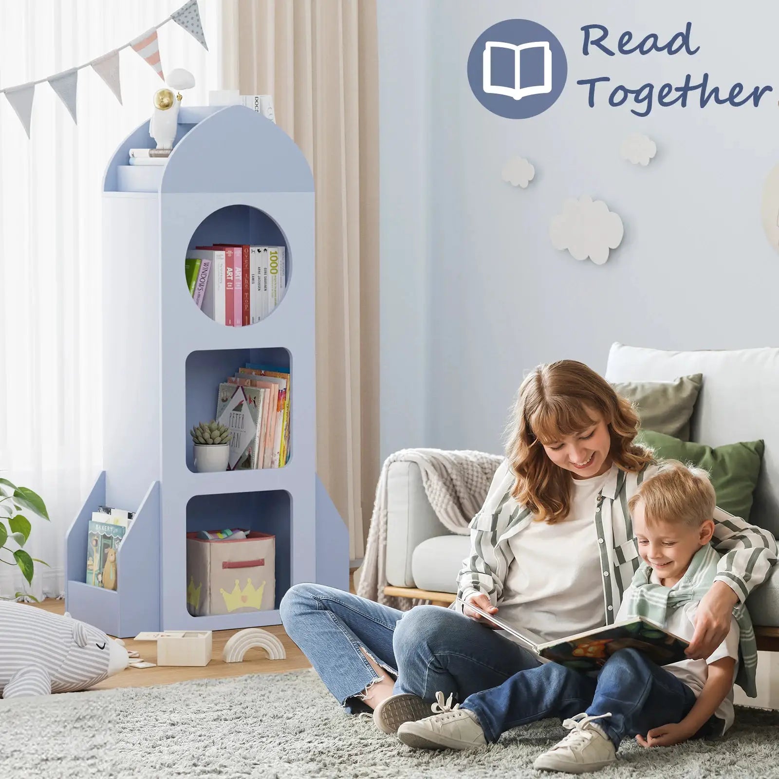 3-Tier Rocket Baby Book Shelf Side shelves, Wood Open Toddler Bookcase, Kids Bookshelf & Toy Storage, Spacious Display Organizer from PriceLows™