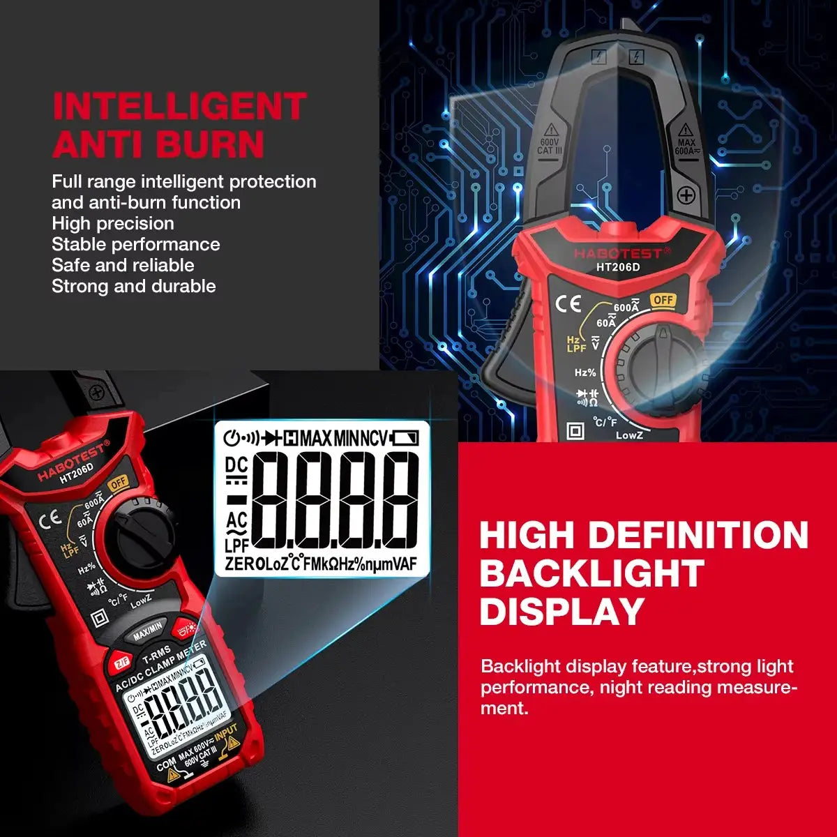HABOTEST HT206 Clamp Meter DC/AC Current 600A Digital Clamp Meter Ammeter Voltage Tester Amp Hz Capacitance NCV Ohm Test from PriceLows™