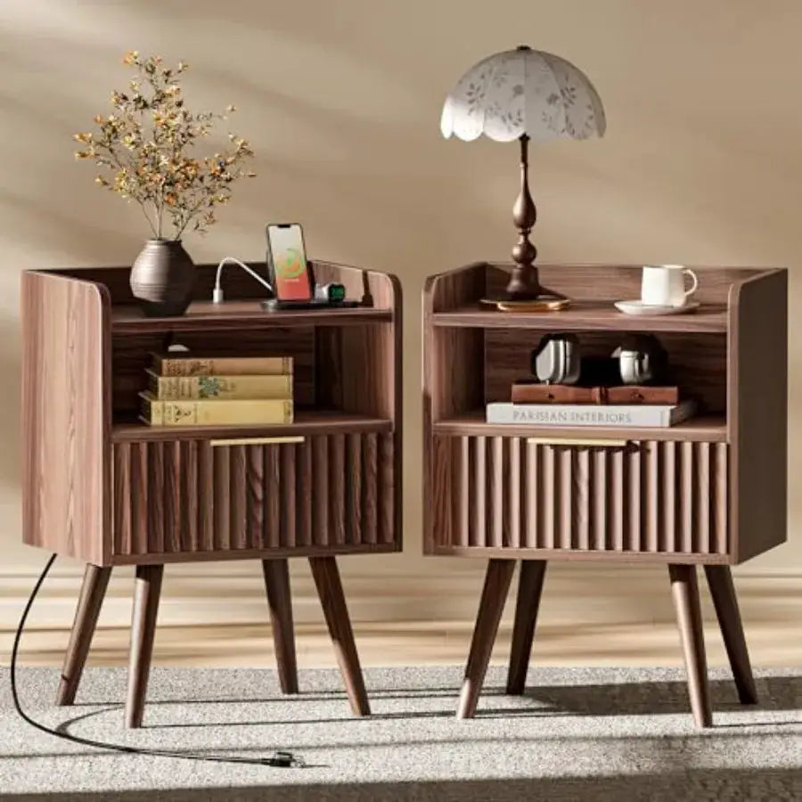 Nightstand with Charging Station, USB-C Port, Fluted Night Stand Set of 2, Bed Side Table with Drawer, Solid Wood Feet, Open St from PriceLows™