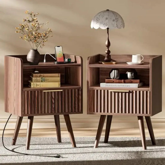 Nightstand with Charging Station, USB-C Port, Fluted Night Stand Set of 2, Bed Side Table with Drawer, Solid Wood Feet, Open St from PriceLows™