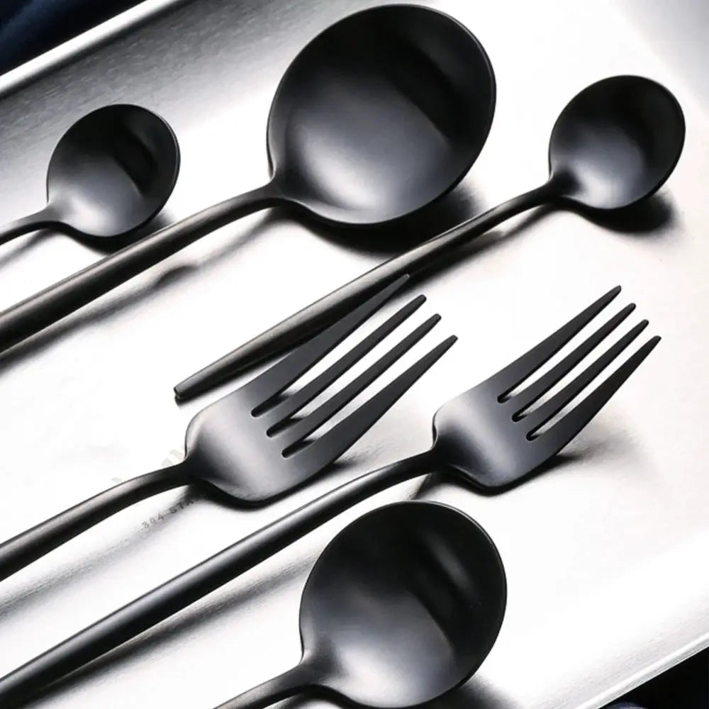 30pcs Black Dinnerware Set Stainless Steel Steak Knife Fork Coffee Spoon Teaspoon Flatware Dishwasher Safe Kitchen Tableware Set from PriceLows™