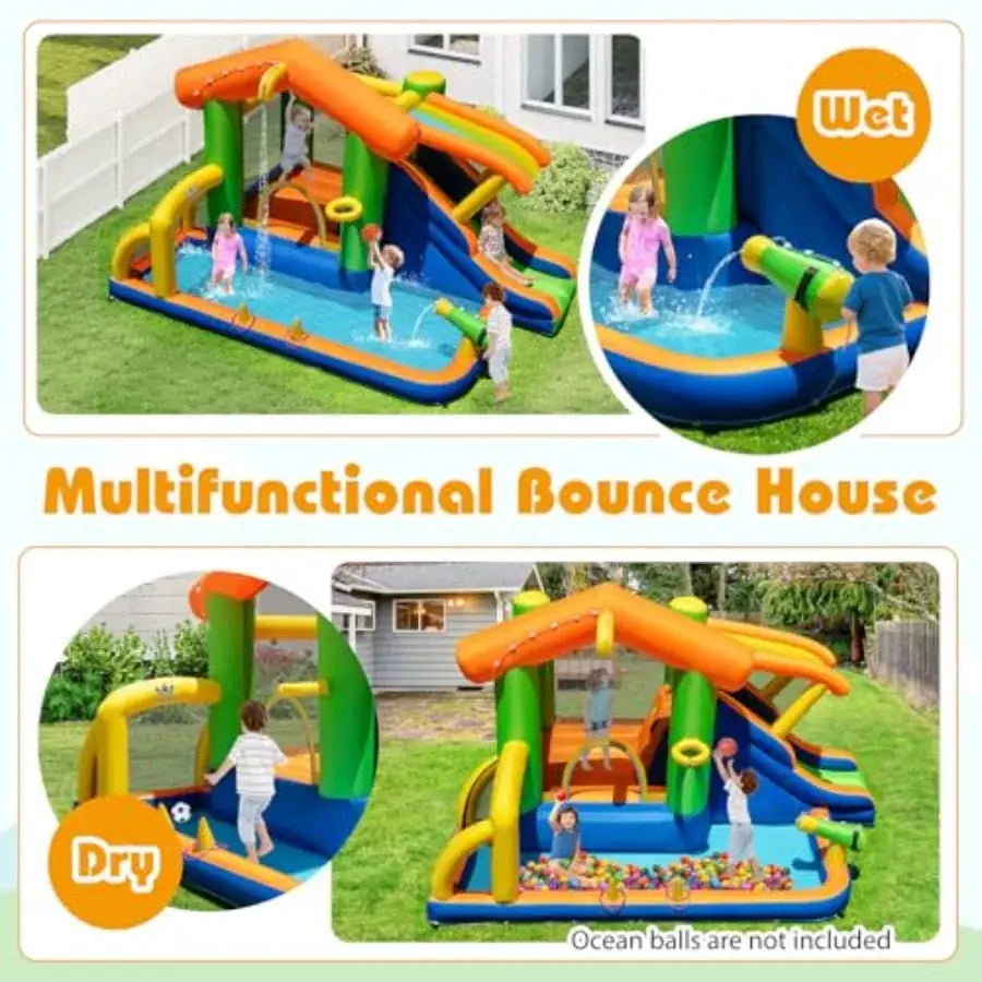 Backyard and indoor inflatable water slide bounce house with ball pit and splash pool, PVC material, blue and yellow, 8-in-1 pl from PriceLows™