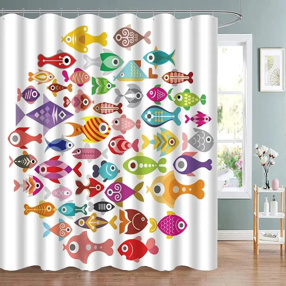 Colorful Cartoons Fish Shark Shower Curtains Ocean Life Children's Bathroom Home Decor Cloth Curtain Set Waterproof Bath Screens from PriceLows™