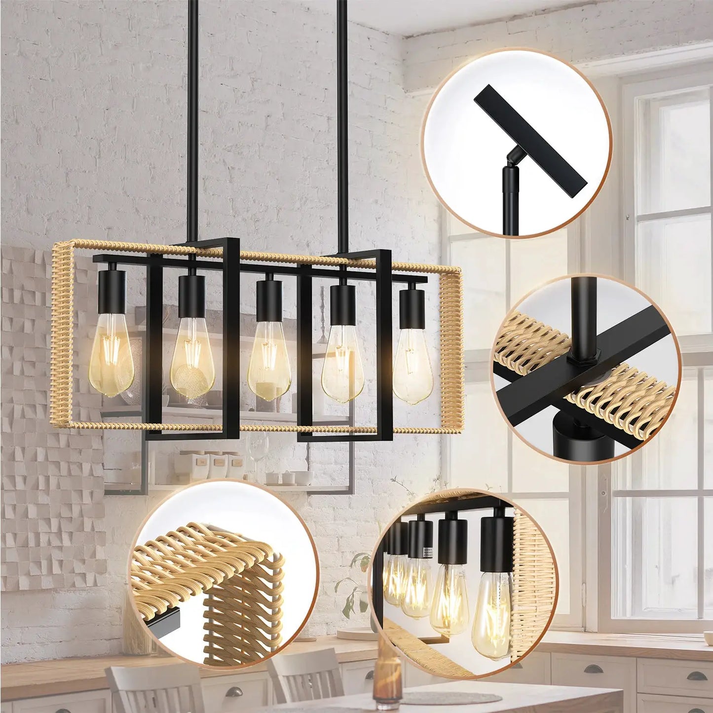 5 Lights Celling Light Fixture Rattan Pendant Height Adjustable Indoor Lighting for Farmhouse Dining Room Kitchen Home Decor from PriceLows™