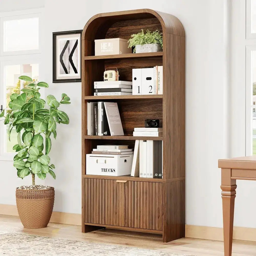 70 Tall 5-Tier Walnut Arched Bookshelf with Carved Details, Ideal for Display and Storage in Living Room, Bedroom or Home Office from PriceLows™