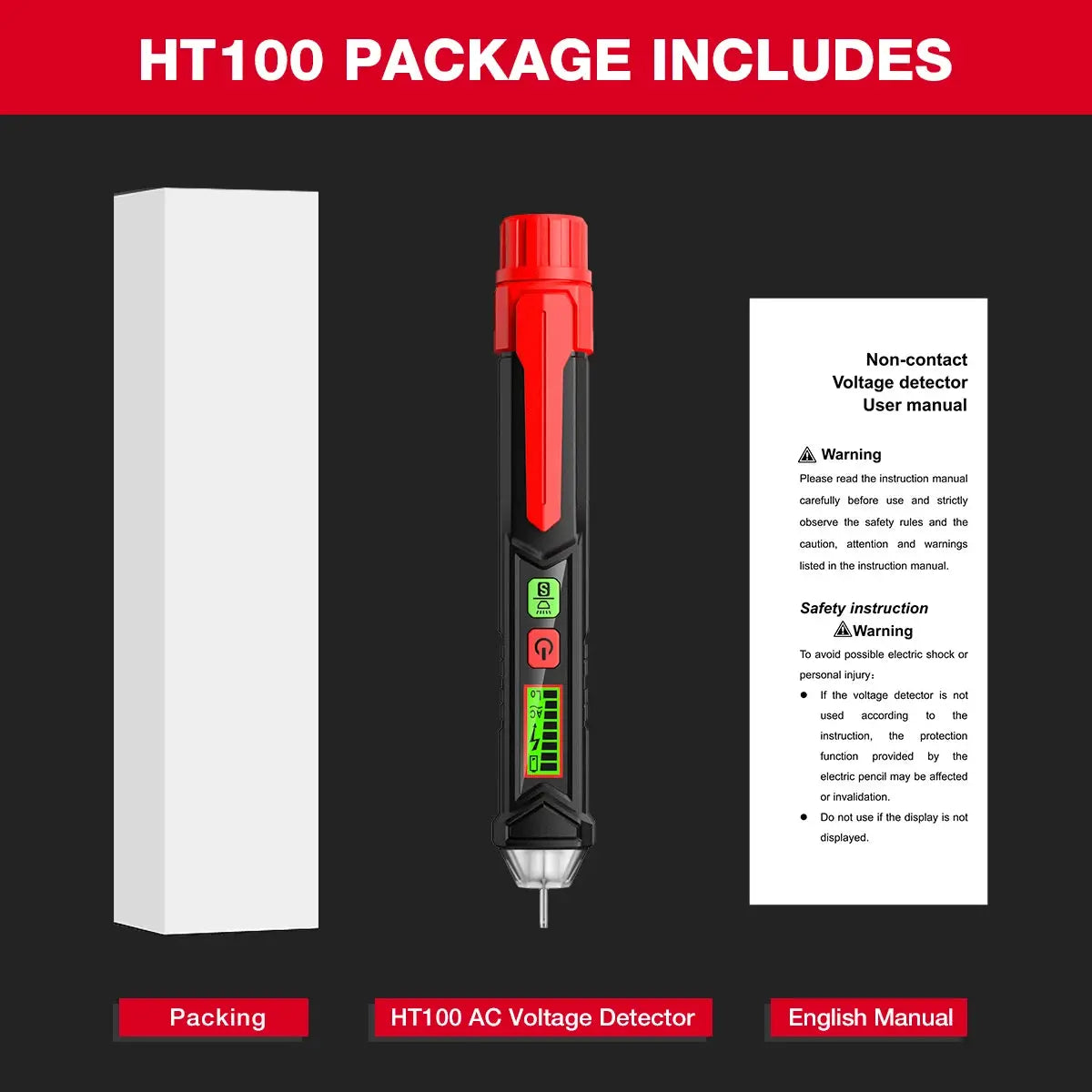 HABOTEST HT100 Non-Contact Voltage Tester with Dual Range AC 12V-1000V/48V-1000V Electrical Tester with LCD Display Buzzer Alarm from PriceLows™