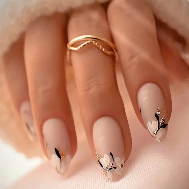 Almond Press On Nails | Acrylic Finish | Pearl Flower Design | 24 Piece Set