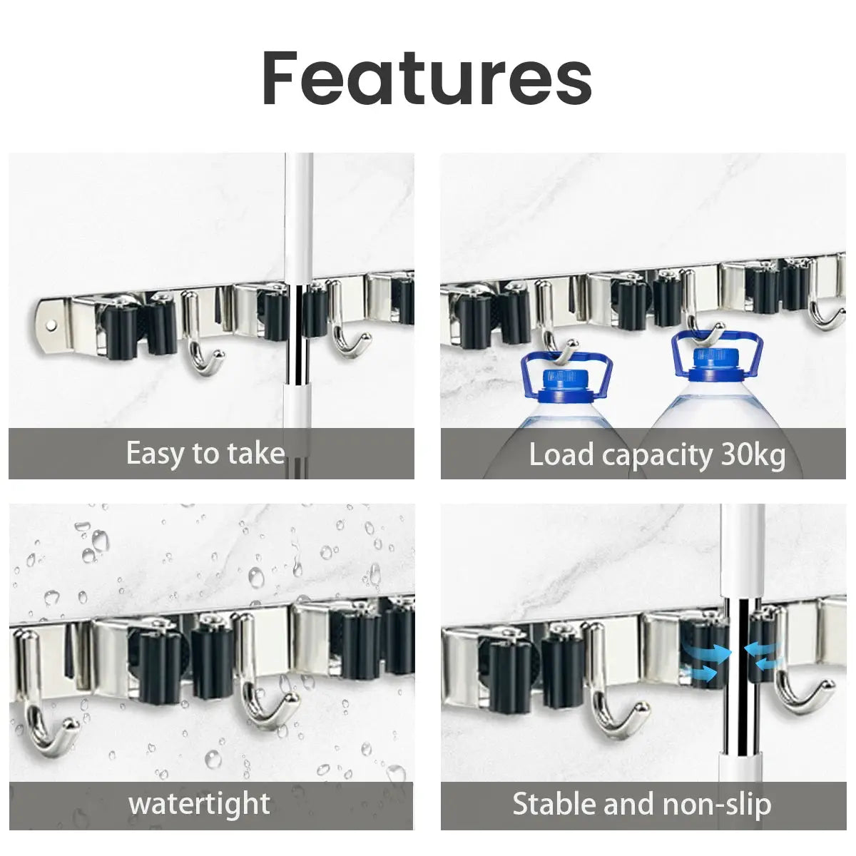 4-Hook Adhesive Broom Mop Organizer Stainless Steel Wall-Mounted Non-Slip Rack Storage Solution for Home Kitchen Garden Laundry from PriceLows™